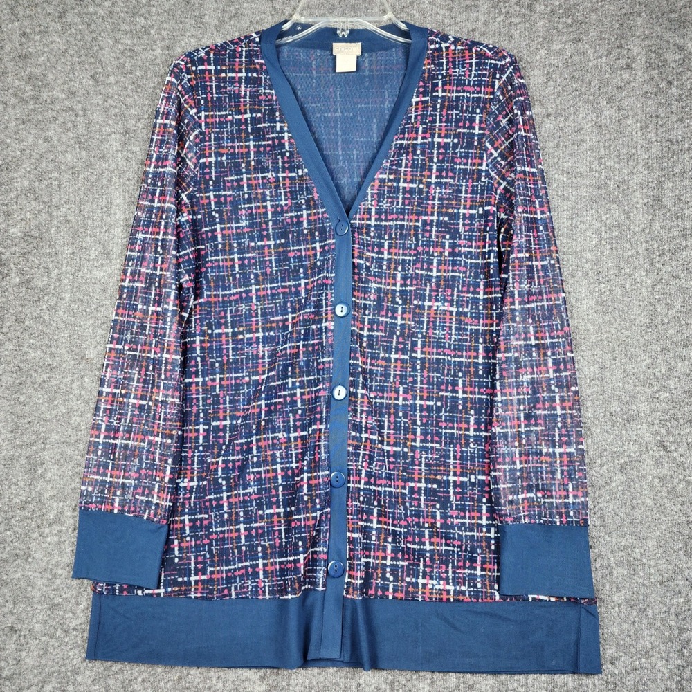 Chico's Cardigan Women 1 M Blue Pink Abstract Grid Print V-Neck Button Front